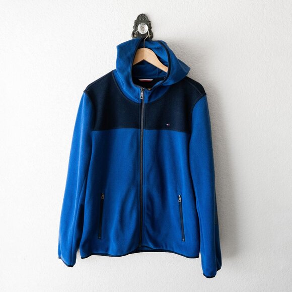 Tommy Hilfiger Men Sz Medium Blue Black Colorblock Fleece Full Zip Hooded Jacket - Picture 1 of 9